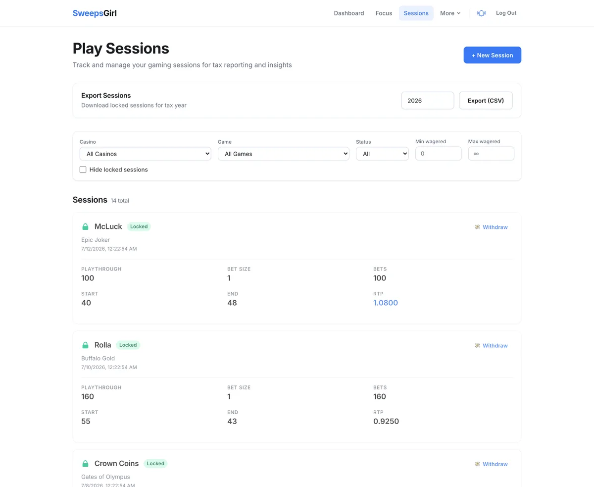 The Play Sessions page with logged sessions showing playthrough, bet size, and computed RTP, plus a CSV export panel